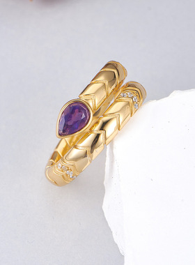 欧美中古风高级感紫水晶蛇形戒指925银轻奢个性夸张精致小蛇指环