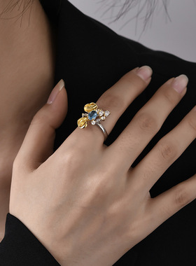 轻奢小众设计感时尚精致花朵开口戒指925银镶嵌蓝色托帕石指环女