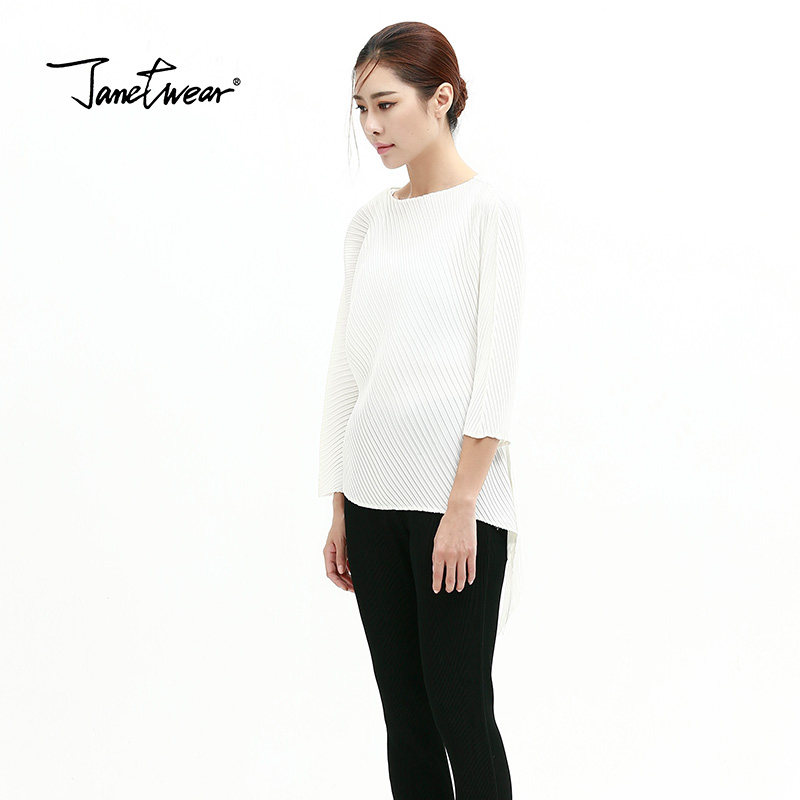 三宅褶皱一生秋装中袖雪纺衫ol t恤 janetwearT恤
