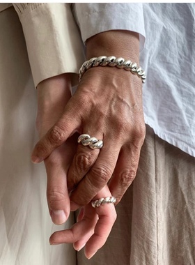 现货Leicozy/coldframe韩国小众粗细纽绳麻花金银戒指pope twist