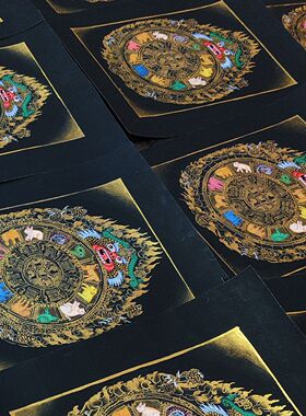 纯手绘唐卡黑金九宫八卦大圆满桌摆西藏尼泊尔纯手绘摆台装饰画