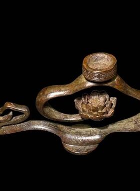 古玩杂项复古铜器老铜荷叶莲花香插铜铸倒流香托禅意茶道香熏摆件