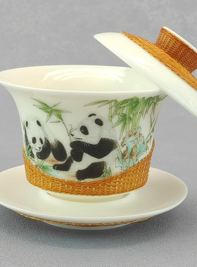 非遗手工竹编熊猫图案茶盖碗复古茶具编织工艺品商务送礼送外国人