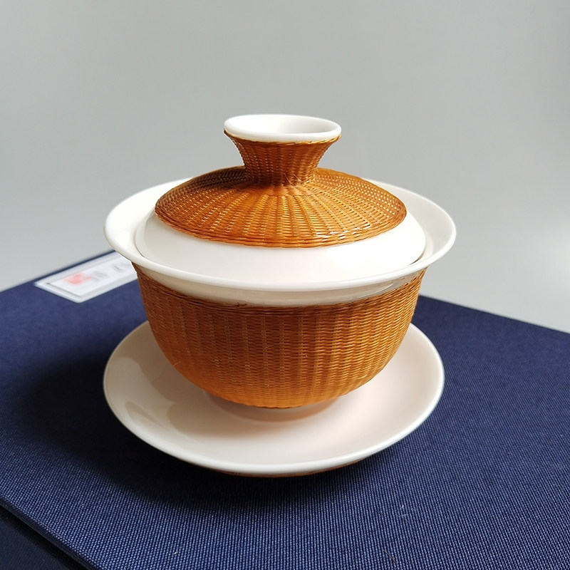 竹丝扣瓷茶具盖碗套装非遗特色瓷胎竹编茶具商务送礼送外国友人,淘宝优惠券,粉丝福利购,淘宝优惠卷