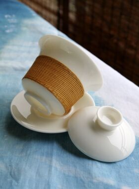 盖碗单个竹丝扣瓷茶具瓷胎竹编