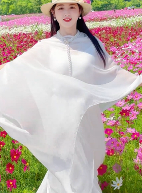 【围奕】夏季长款防晒丝巾多色新中式盘扣户外女薄款披肩蓝色洋气
