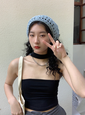 韩国ins甜美复古手工钩针三角巾女春夏款绑带束发头巾针织方巾潮