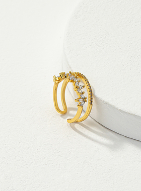 欧美爆款高级感ins轻奢双层微镶锆石小众设计开口可调节女式戒指