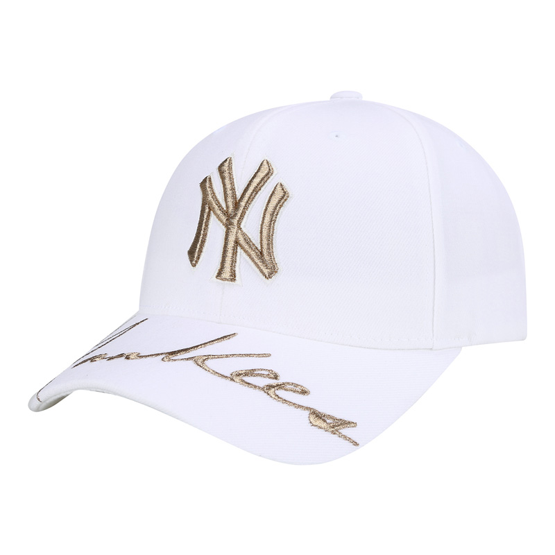 韩国mlb帽子男女签名款黑白色金标NY洋基队棒球帽硬顶鸭舌帽灰色
