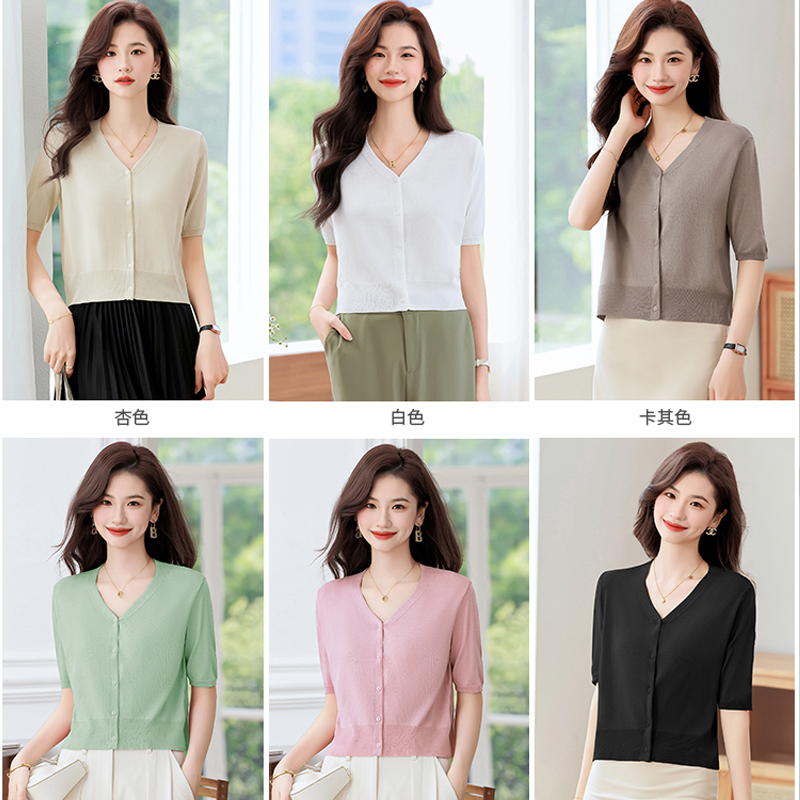 v领短袖t恤女2025新款夏季薄款冰丝针织衫小个子漂亮气质短款上衣 - 图2
