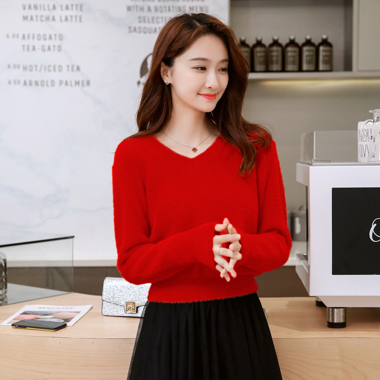 水貂绒毛衣女秋冬套头加厚 高腰短款上衣宽松小个子内搭v领打底衫 - 图2