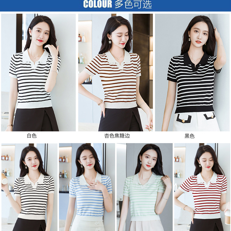 polo领条纹短袖t恤女修身 夏季薄款冰丝针织衫翻领小个子短款上衣 - 图2