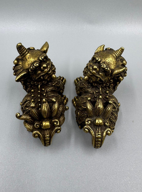 古玩古董纯铜一对独角兽麒麟小摆件铜雕仿古瑞兽神兽手把件桌摆铜