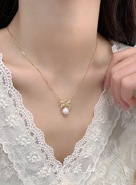 轻奢蝴蝶结珍珠项链高级感纯银