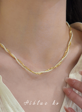 海蓝蓝双层叠戴碎银子珍珠项链