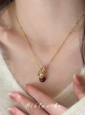 海蓝蓝钱袋吊坠平安吊牌珍珠项链