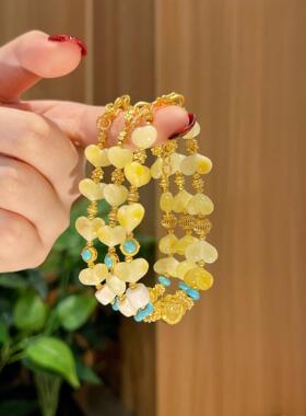 足金999拉丝点钻如意黄金手串小胖心鹅黄色蜜蜡心形手链生日礼物