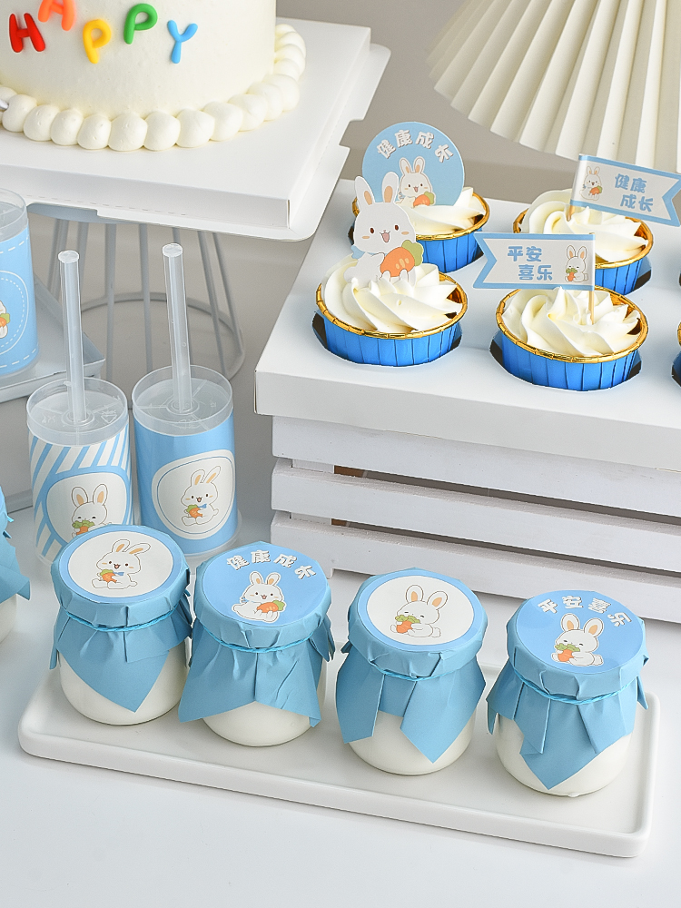兔宝宝一周岁生日蛋糕装饰布丁瓶推推乐蓝色系男宝贴纸甜品台插牌 - 图3