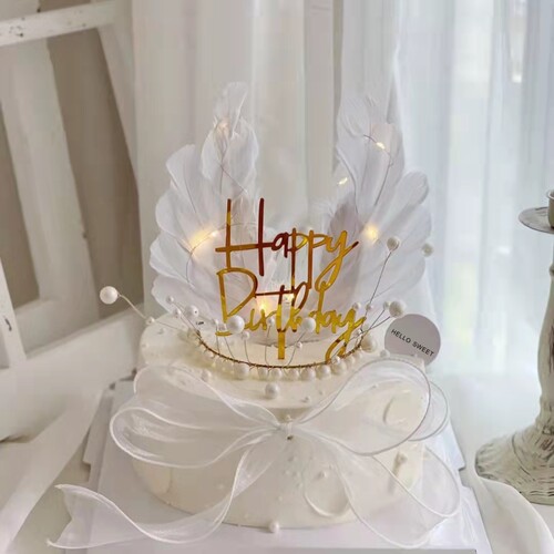 包邮网红羽毛蛋糕装饰白色翅膀插件灯串摆件网红流行生日装饰配件 - 图2