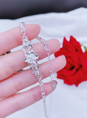 蝶恋花足银999纯银手链女款 玫瑰花银饰手链送女友生日闺蜜礼物