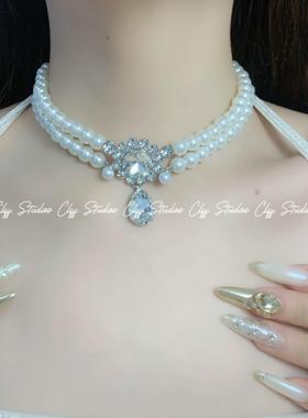 悬崖会所珍珠水钻龙心颈项链新娘
