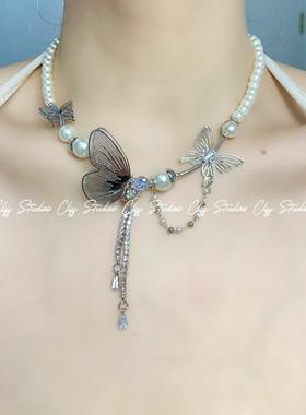 小众超仙镂空蝴蝶珍珠项链choker