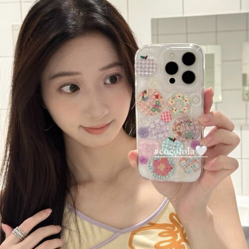 日韩彩色花朵蝴蝶纽扣适用苹果16 17promax手机壳iPhone14 15新款13挂件软壳12滴胶软壳11全包防摔16e保护套 - 图1
