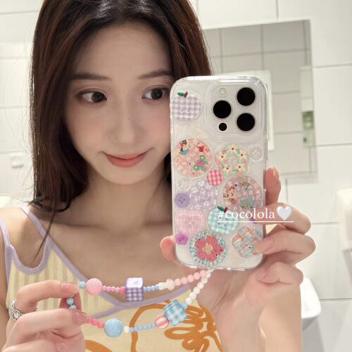 日韩彩色花朵蝴蝶纽扣适用苹果16 17promax手机壳iPhone14 15新款13挂件软壳12滴胶软壳11全包防摔16e保护套 - 图0