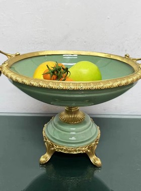 高端档欧式黄铜绿瓷摆件美式奢华法式复古典新中式花瓶果盘装饰罐