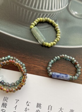 手作棕咖色日本捷克珠天然石戒指