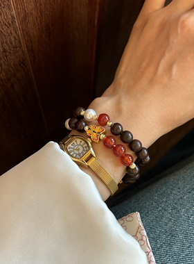 红玛瑙檀木贝珠文玩古物配色手链