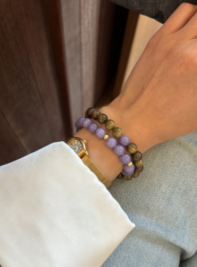 天然绿檀木紫玉髓双圈弹力手链