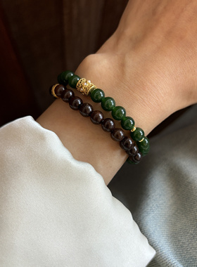 绿玉髓搭配檀木沙金沉稳双圈手链