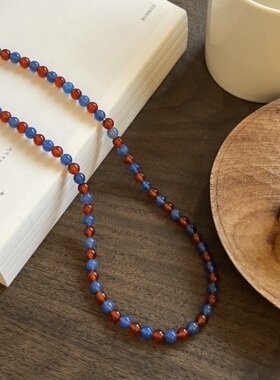新中式天然石红蓝玛瑙复古锁骨链