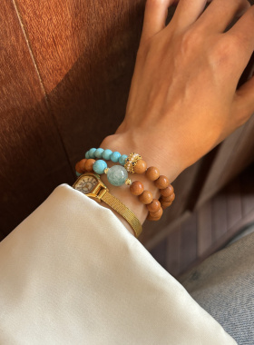 月在万松顶 原创手工自制天然金药檀木蓝松石新中式双圈弹力手链