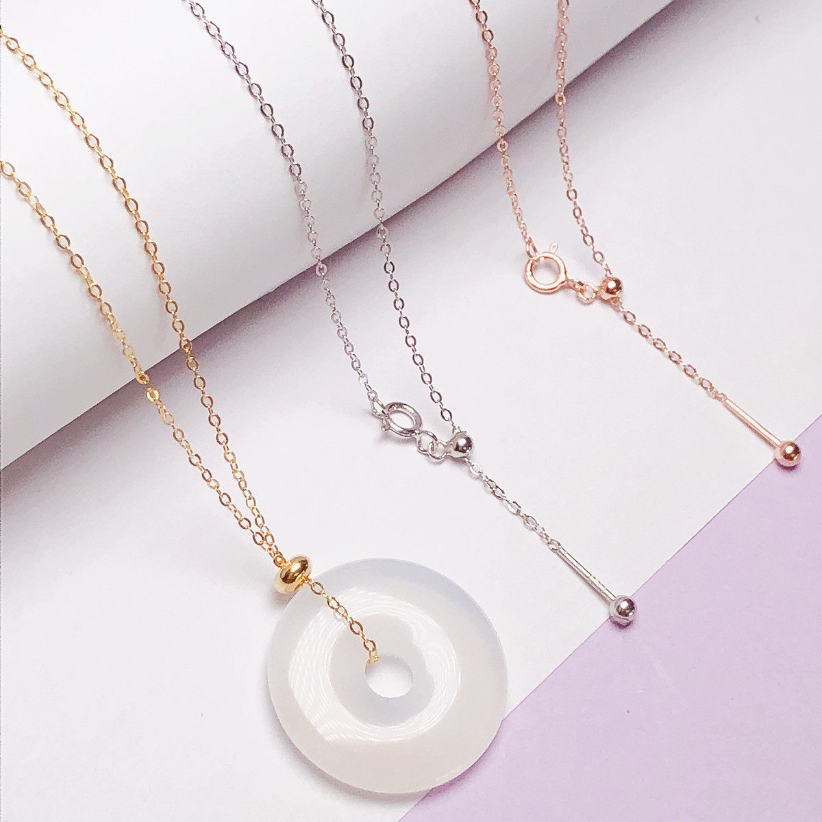 穿针项链穿平安扣s925纯银镀18k防脱款针式项链O字链可调节锁骨链,淘宝优惠券,粉丝福利购,淘宝优惠卷