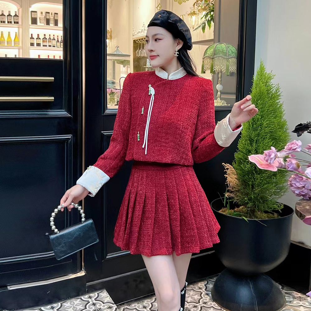 新中式囯风小香风红色套装裙23秋冬款洋气盘扣短外套百褶裙两件套