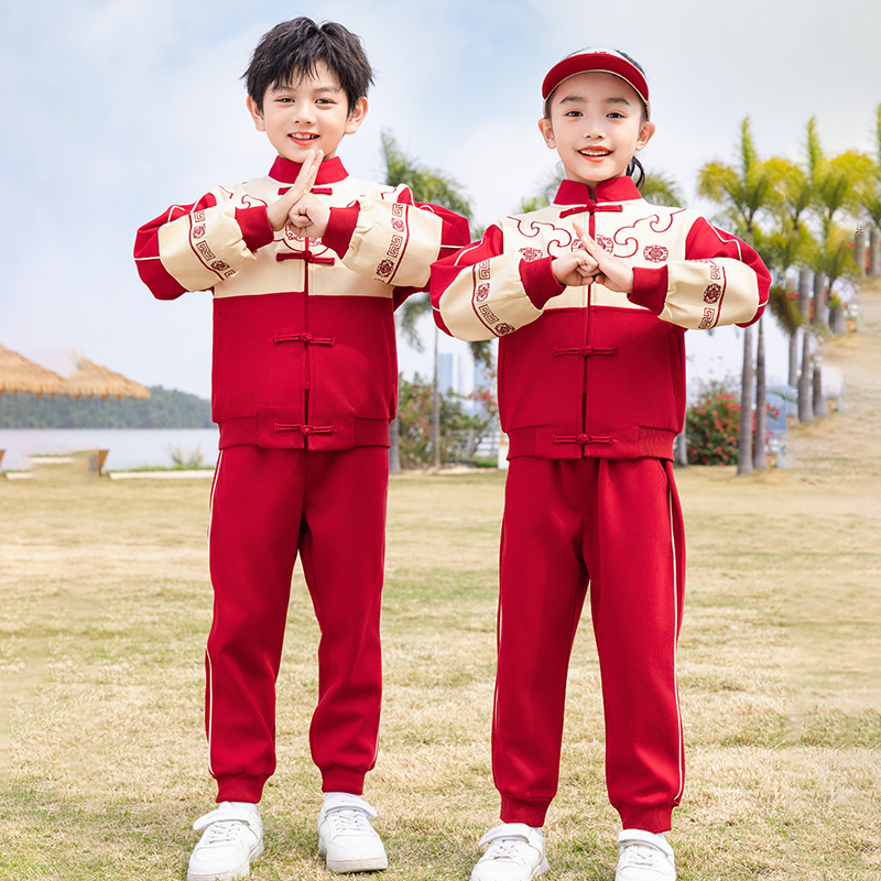 小学生校服夏季幼儿园服学院中国风运动红色短袖套装儿童春秋班服