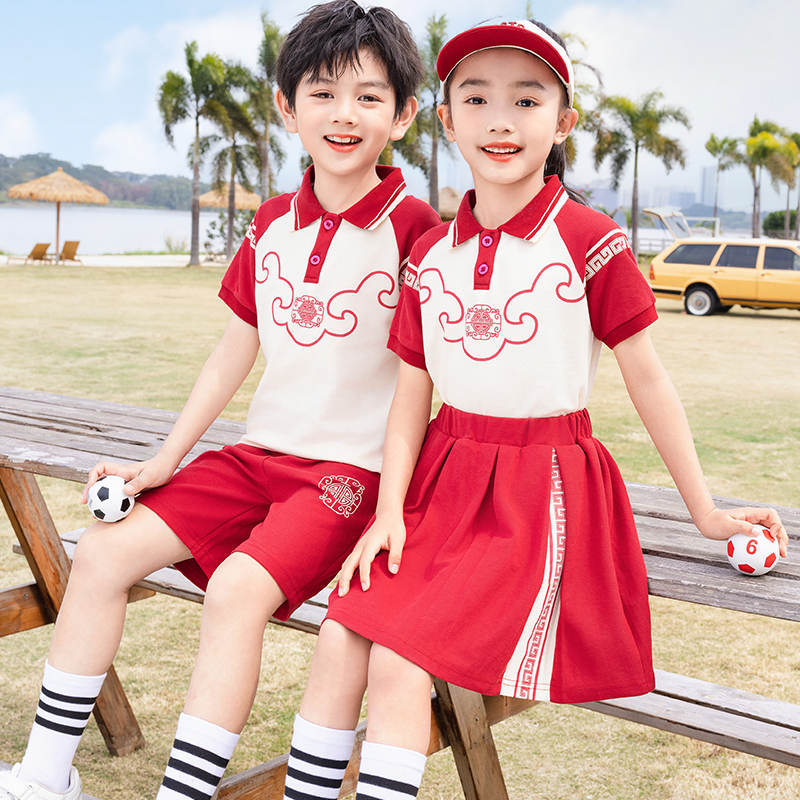 小学生校服夏季幼儿园服学院中国风运动红色短袖套装儿童春秋班服