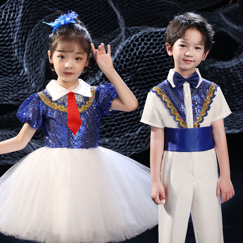 儿童合唱演出服男女童舞蹈礼服纱裙主持人小学生朗诵元旦表演服装 - 图0