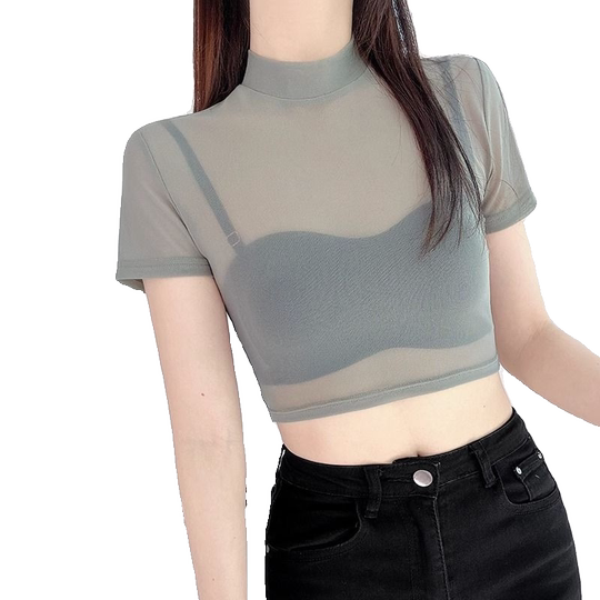 Half turtleneck mesh sand body T-shirt for women summer tight-fitting inner layer with thin see-through gauze base shirt half short-sleeved top