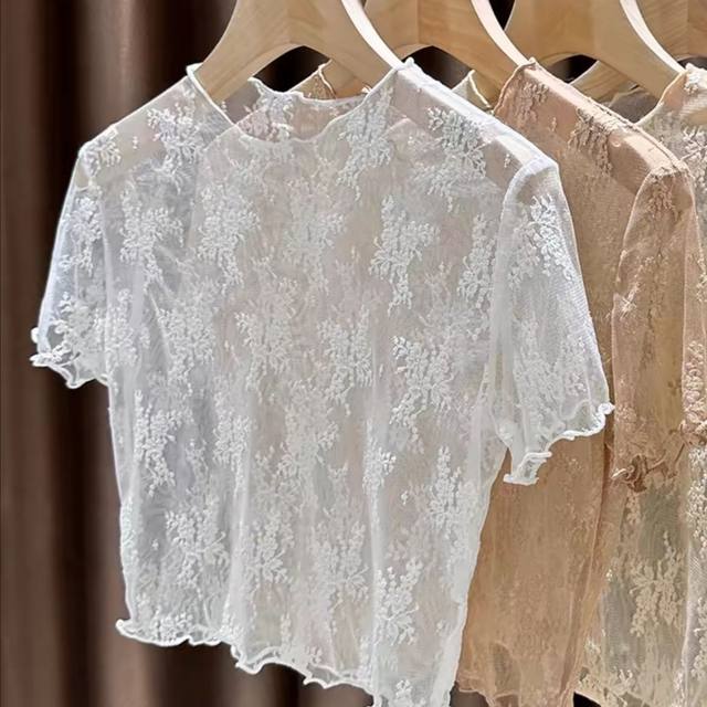 ເສື້ອຍືດຊັ້ນລຸ່ມ lace ໂປ່ງໃສບາງໆສໍາລັບແມ່ຍິງ, ສິ້ນ summer suspender, ເສື້ອທີເຊີດແຂນສັ້ນ, gauze sexy, ເທິງຕາຫນ່າງເປັນຮູ