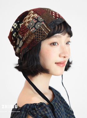 ZHIWU~复古印花套头帽子女