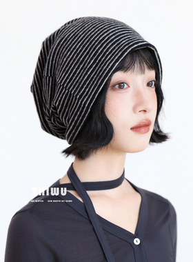 知雾韩系穿搭条纹堆堆帽女显脸小