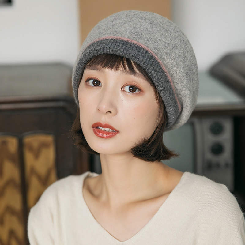 日系贝雷帽女秋冬毛呢韩版保暖羊毛冬季冷帽针织帽子冬款女毛线帽