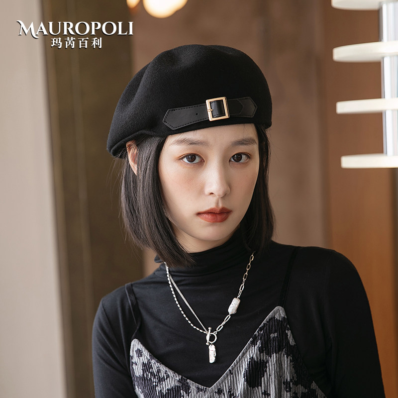 羊毛贝雷帽秋冬黑色复古优雅鸭舌帽 mauropoli帽子