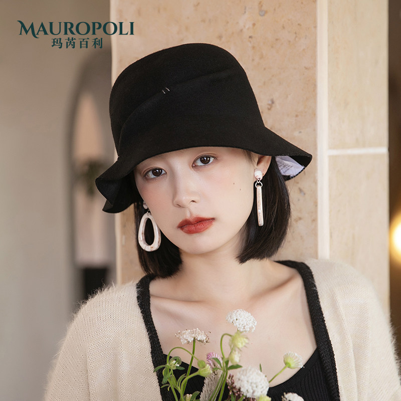 渔夫帽冬季羊毛黑色复古毛呢帽子 mauropoli帽子