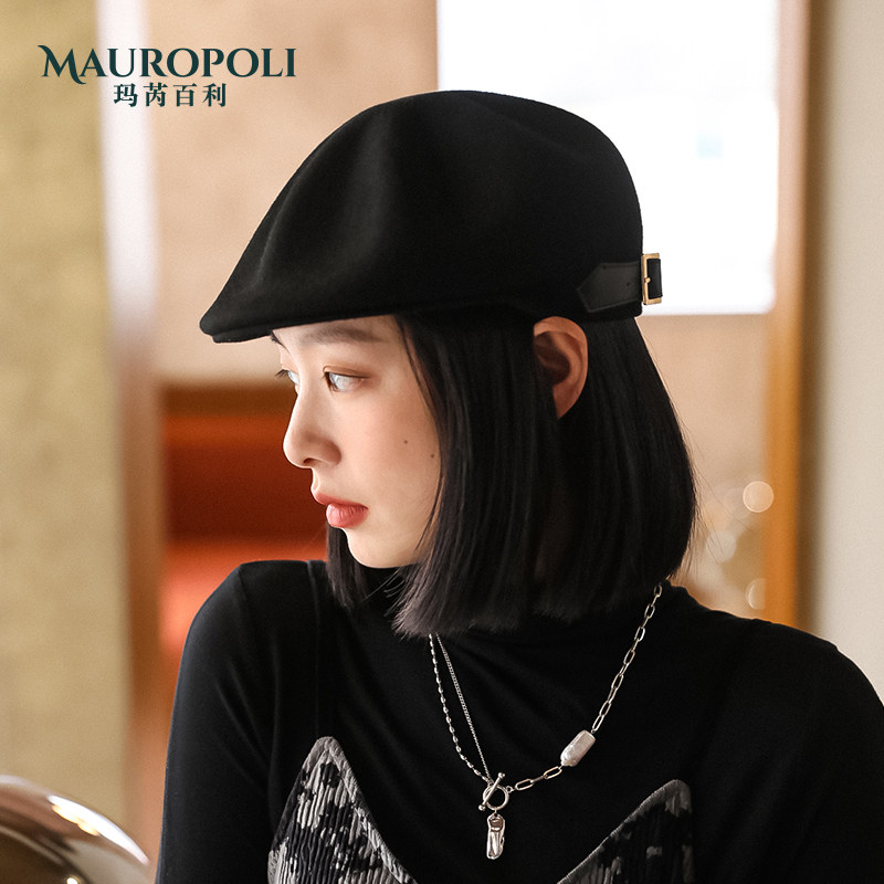 羊毛贝雷帽秋冬黑色复古优雅鸭舌帽 mauropoli帽子
