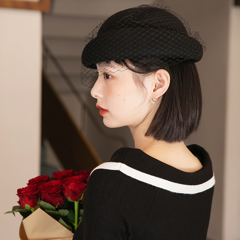 法式黑色网纱复古羊毛毡帽贝雷帽 mauropoli帽子