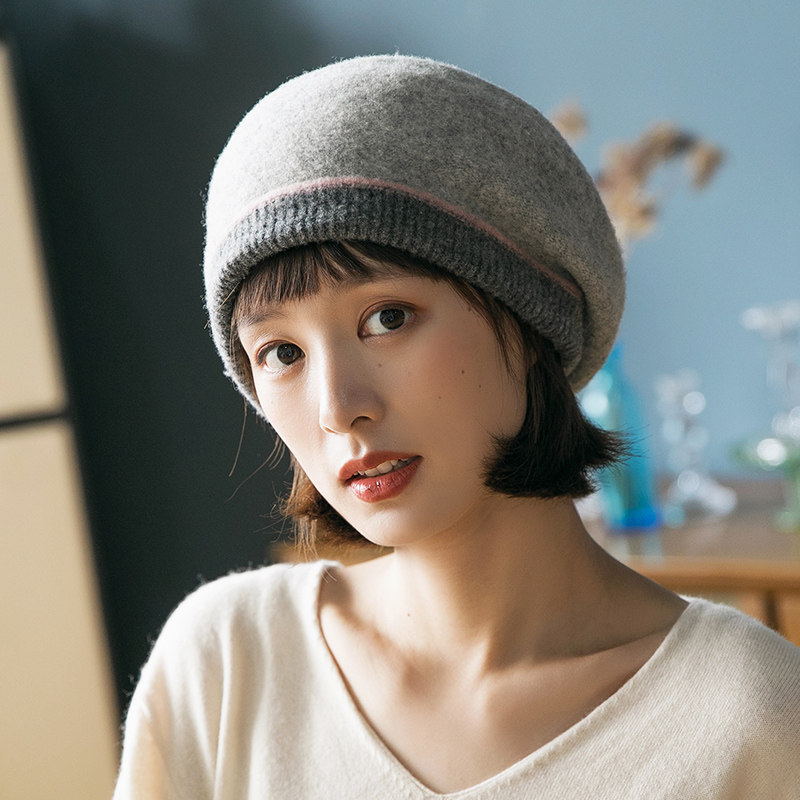日系贝雷帽女秋冬毛呢韩版保暖羊毛冬季冷帽针织帽子冬款女毛线帽